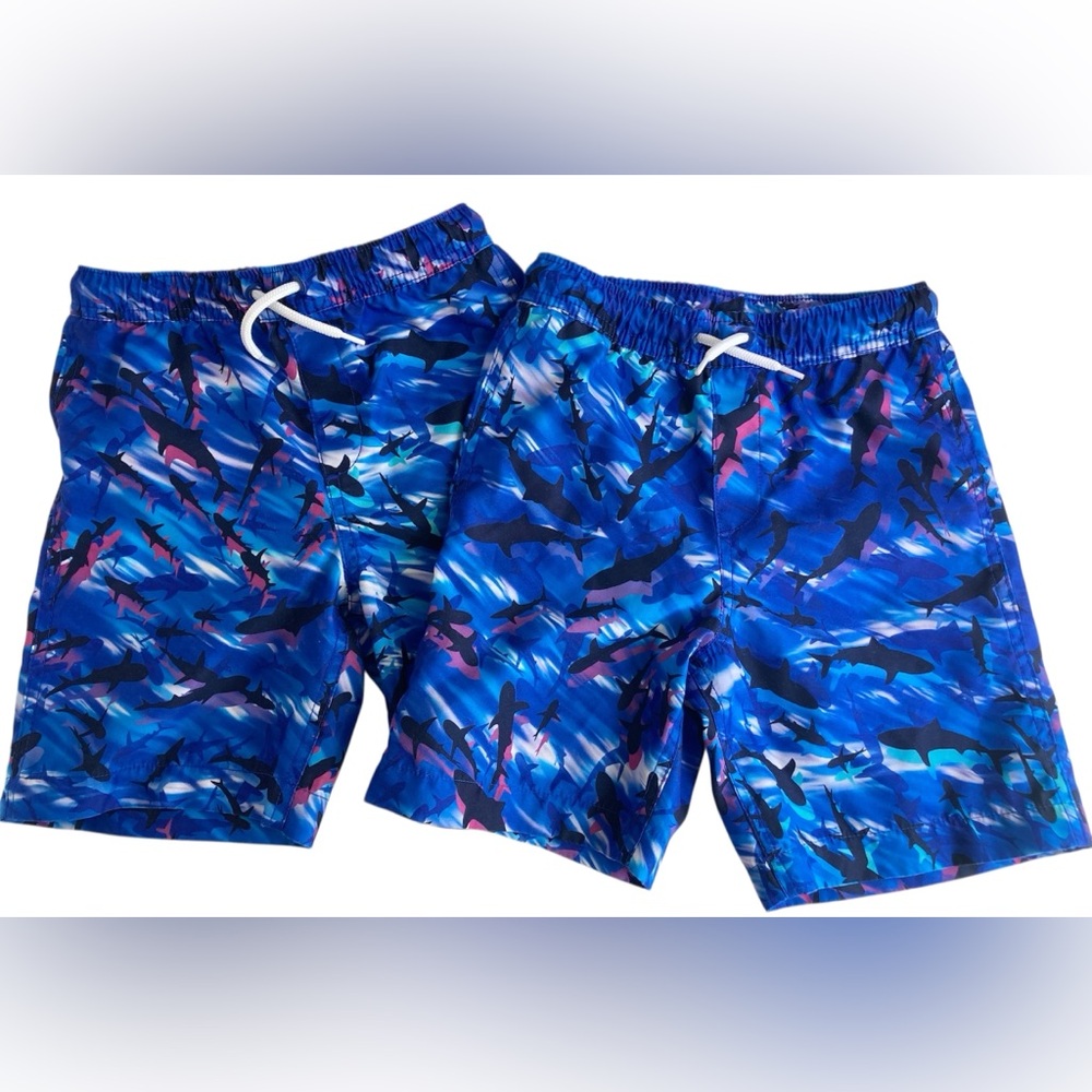 Lands End Boys Small 6-7 Blue Sharks Swim Trunks Shorts Lot Of 2